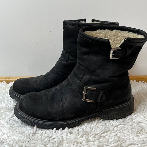 La Canadienne Suede Shearling Lined Buckle Moto Boot Black Ankle Pull On 7.5 - Picture 4 of 8